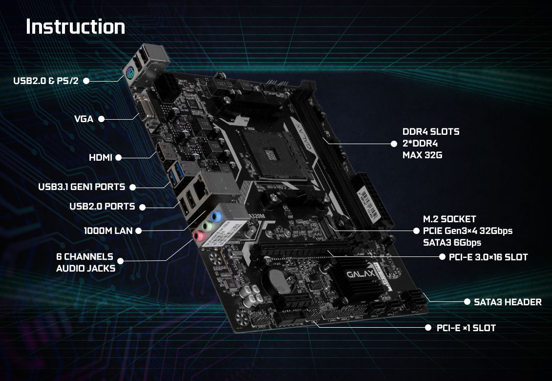 Mainboard GALAX A320M (AMD A320, Socket AM4, m-ATX, 2 khe RAM DDR4)